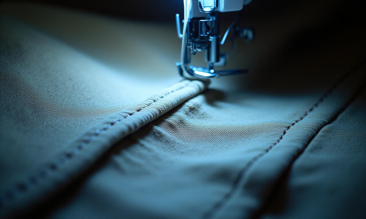 Close-up of a defective textile seam being inspected under bright light