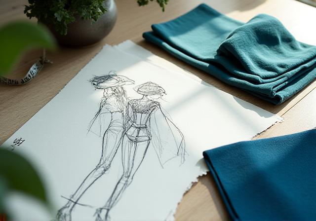 Textile designer reviewing fabric swatches and sketches